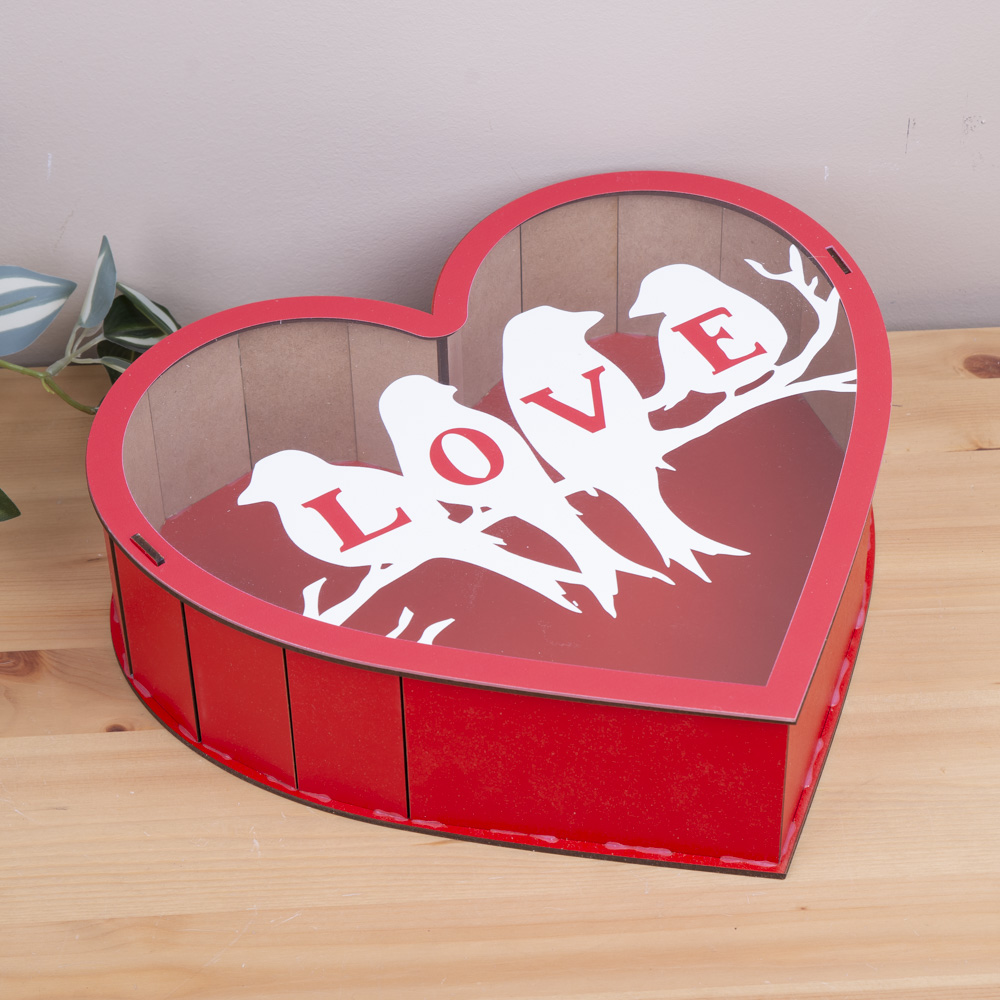 Коробка 27 см сердце красное LOVE с птичками